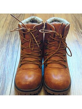 Patrizia by Spring Step Brown Leather Combat Ankle Boots Lace Up Knit SZ 11